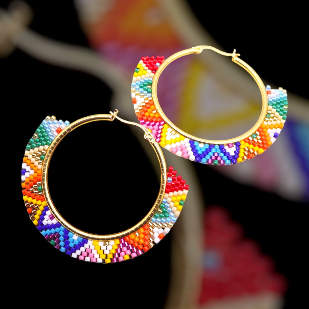 Multi Color Beaded Hoop Earrings