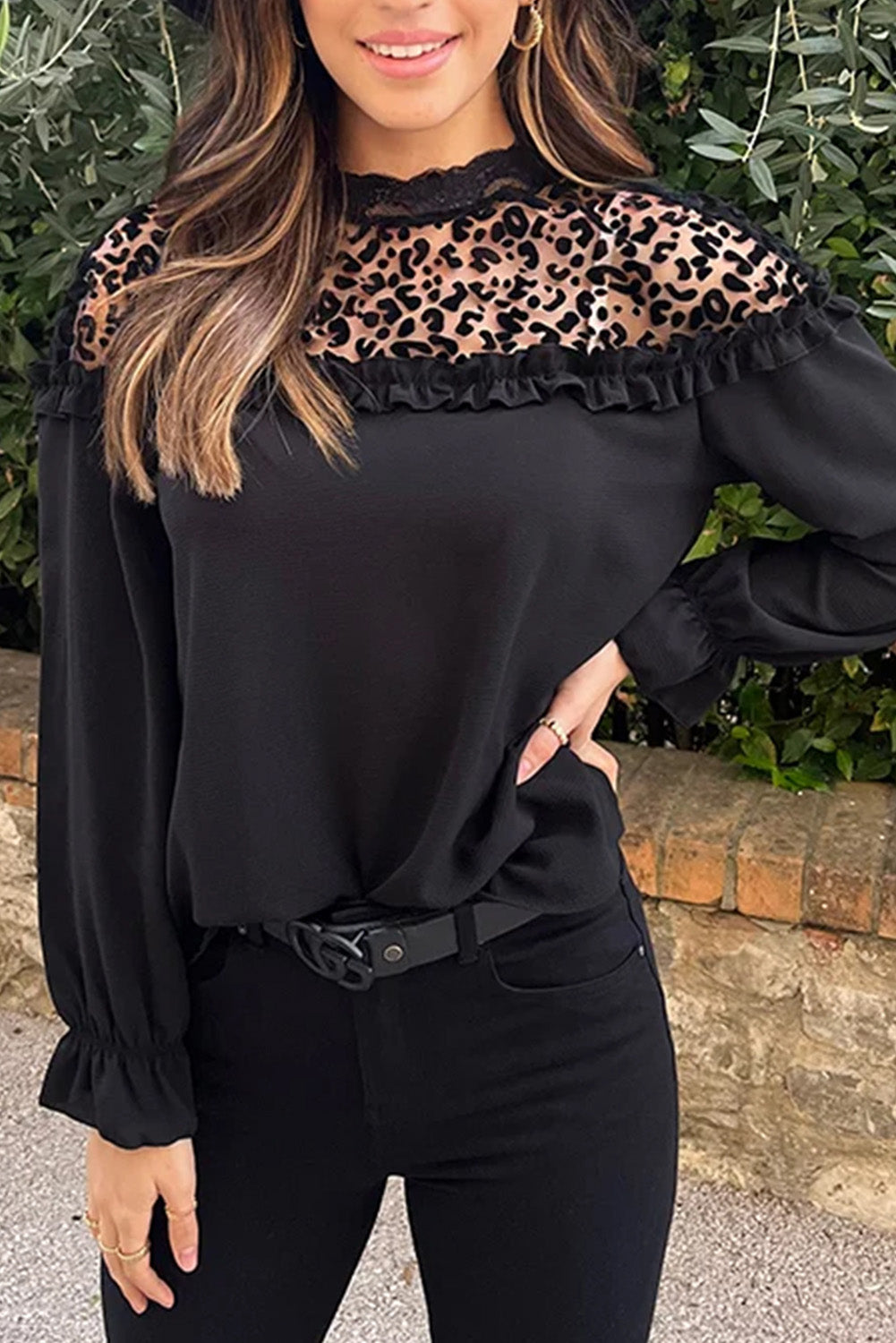 Amelia's Black Leopard Mesh Splicing Ruffle Long Sleeve Blouse