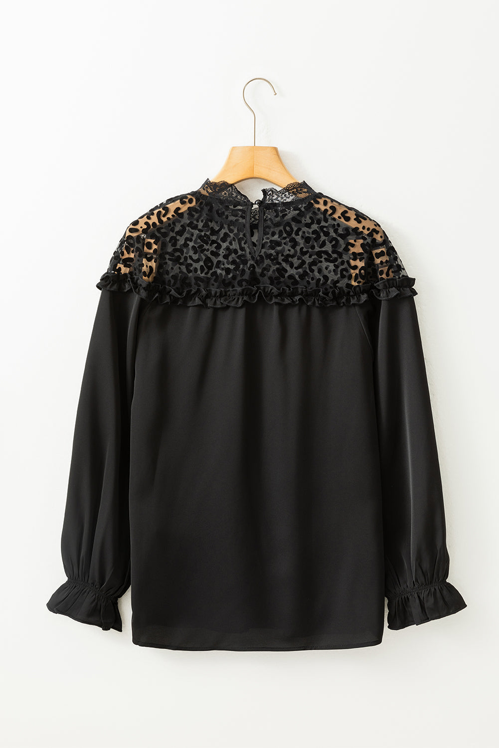 Amelia's Black Leopard Mesh Splicing Ruffle Long Sleeve Blouse