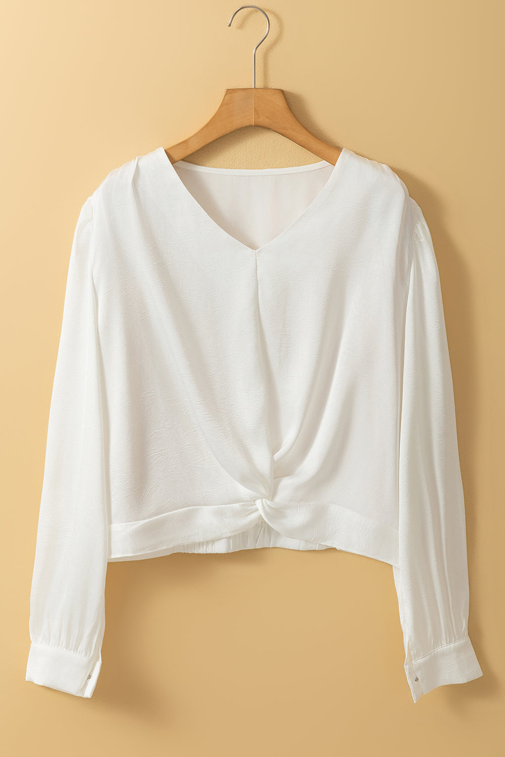 Maya's White Twisted Elastic Hem V Neck Crop Blouse