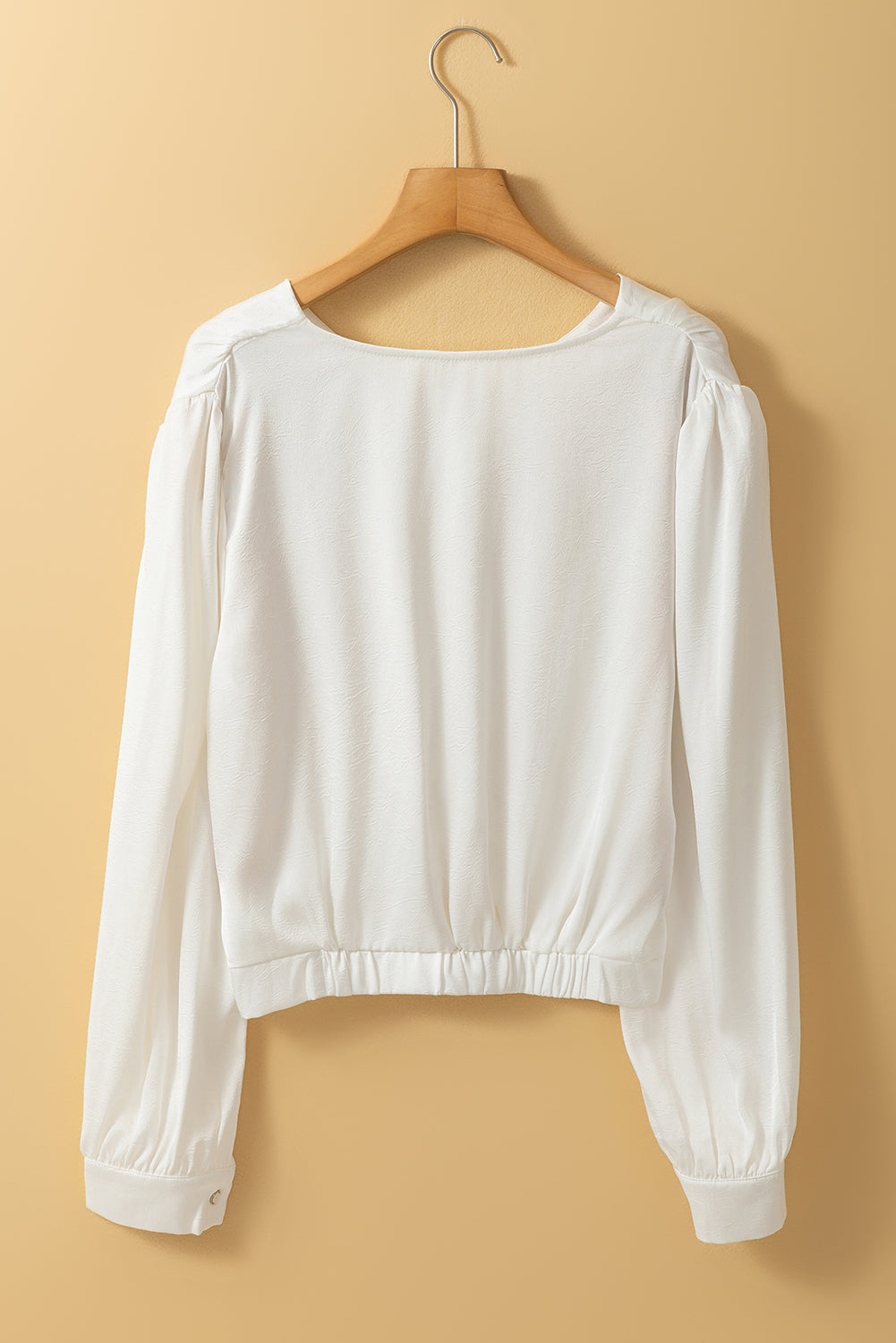 Maya's White Twisted Elastic Hem V Neck Crop Blouse